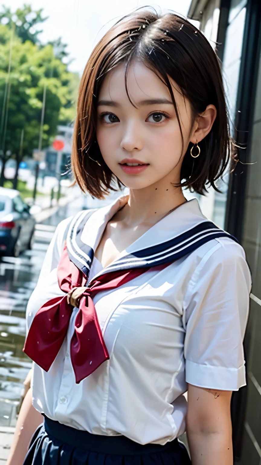 (masterpiece, highest quality:1.2), 8K, official art, RAW photo, incredibly absurd, (Upper body, sailor suit, serafuku:1.4), beautiful girl, cute face, arch back, navy pleated skirt, close, Soaked school uniform, short sleeve, gardenia, violaces, Ten generations, street, looking at the viewer, film grain, chromatic aberration, sharp focus, face light, dynamic lighting, cinematic lighting, detailed eyes and face, background bokeh, (1 dark red bow tie:1.2)、(heavy rain:1.5)、one girl、blush、look at the viewer、big and full breasts、valley、wet face,wet skin、wet body、wet costume、wet hair、flower、hairpin、necklace、earrings、Getting wet and leaning forward、Depth of bounds written、尖ったred mouth、short hair wet and shiny,red mouth,clavicle、beautiful fingers、Loosen your tie、cute wet face