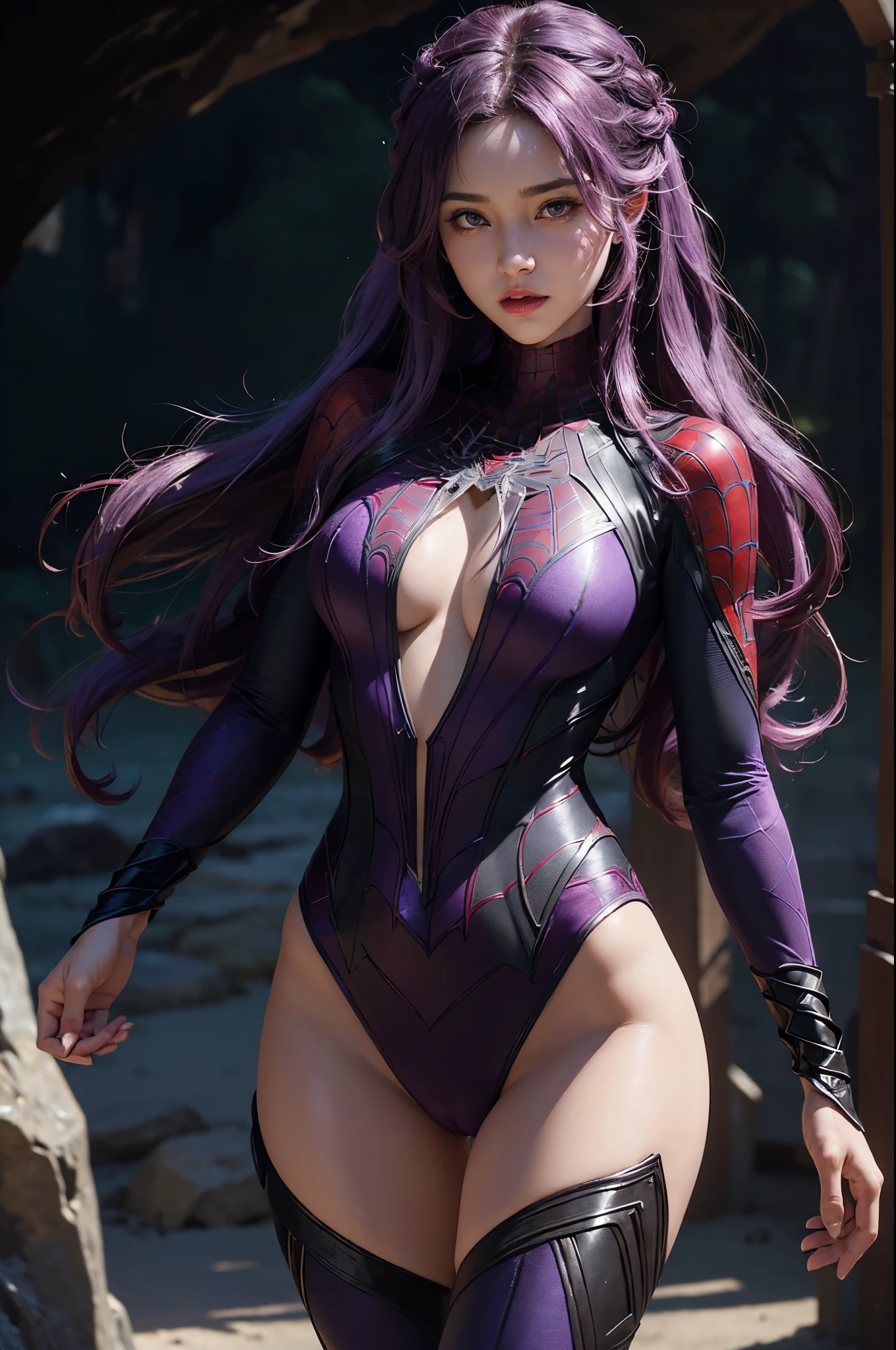 (Extreme Detail CG Unity 8K wallpaper, masterpiece, highest quality), (Exquisite lighting and shadow, highly dramatic picture, Cinematic lens effect), a beautiful girl in a purple Spider-Man costume, purple curly hair color, long hair, braiding hair, beautiful purple eye, from the Spider-Man parallel universe, Wenger, Marvel, Spider-Man, on the beach, very beautiful face, dynamic pose), (excellent detail, excellent lighting, wide angle), (excellent rendego on cave, enough to stand out in cave, clasocus on purple Spider-Man costumes, complex spider textures
