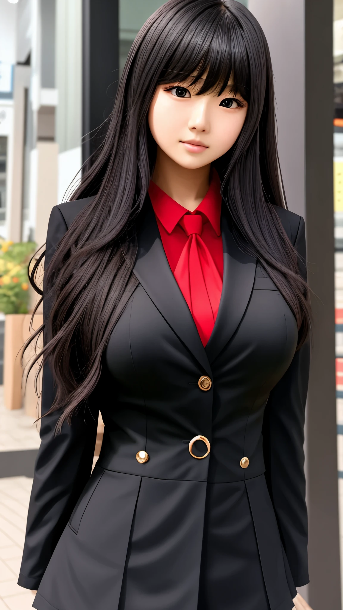 ((best quality)), ((muste piece)), (detailed breasts), (highlight), perfect face Young girl highlighting large breasts with detailed face、Long, thick, shiny, beautiful black hair with blunt bangs、solid color background、Standing wearing red and black blazer and miniskirt school uniform、Japanese high school girl、student council president idol、