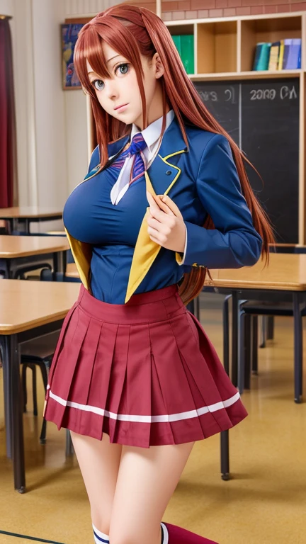 anime (Masou Gakuen HxH), teen lady , sexy (very big boobs), actress (Scarlett Fairchild) ,  yellow eyes , red long hair that is hip / past hip length ,school uniform , She was drinking tea in the girls' school cafeteria