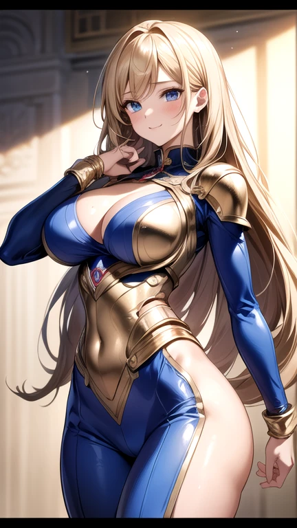 ((masterpiece)), ((high quality)), ((Super detailed)), ((High resolution)) , ((8K)),beautiful woman, ((She is one of Japan's most famous actresses.)), unparalleled beauty, ((big breasts:1.4)), ((big ass)), ((deep cleavage)), slim waist, Proudly, super detailed face, perfect skin, (((Waist-length hair, ((long and straight golden hair)), crossed bangs))), blue eyes, fine eyes, full body image, sexy, an inviting smile, sensual, (((anime))), ((glamorous)), 性的charm ,23 years old, ((incredibly beautiful woman)), ((H cup bust)), ((((sexy pose)))), ((Neat.)) , (((Power Ranger))), heroine, (((High Leg Riotard Power Suit, A blue power suit with a white line:1.4, Reinforced powered suit))), ((beautiful breasts)), beautiful feet, 8 life size, anime:1.4, Wet, The most beautiful、strongest, ((charm)),((British Beauty)),