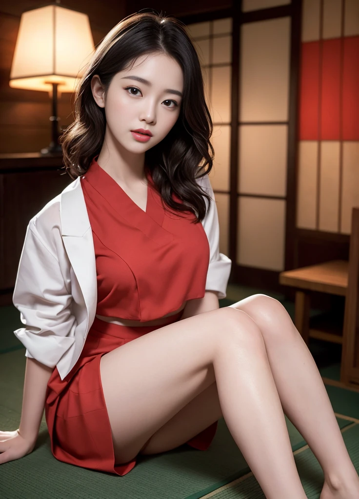 (Korean girl),(RAW photos:1.3),very beautiful,(In a ryokan),(inside the man'arm of:1.2),(Kiss Men:1.3),(Touched by a man..:1.5),(He was severely beaten by a man.),(((Masterpiece))), ((best quality)), ((complicated details)), ((Exaggerated)), Ridiculous resources, moro liberation front,(Expressive:1.2), , very detailed, The chest shines brightly.:1.1), ((big girl quotes),(severe:1.1),,white skin of,Full of color,Sex appeal,slender waist,Beautiful legs,(perfect leg lines),Buttocks facing up,wide hips,(perfect hand), Finger Details, Beautiful and delicate eyes, Wavy curly hair,have brown eyes, card, top executive,(red pencil skirt:1.2),(Bare legs:1.1),Detailed background, perfect eyes, of bloodshot eyes:1.2),confused eyes,mouth slightly open,
