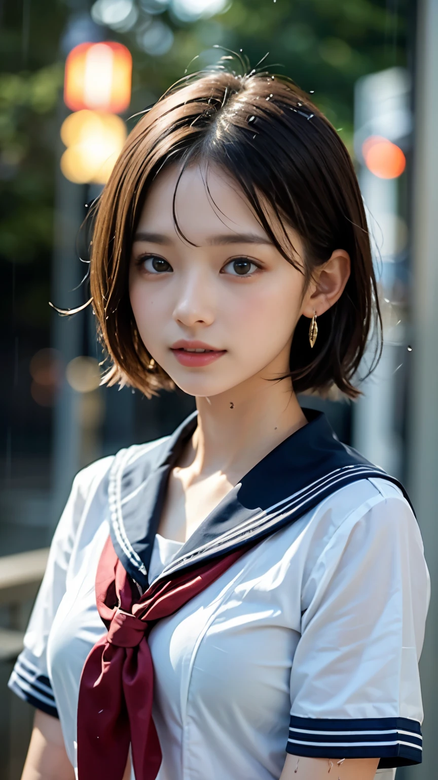(masterpiece, highest quality:1.2), 8K, official art, RAW photo, incredibly absurd, (Upper body, sailor suit, serafuku:1.4), beautiful girl, 18-year-old、cute face, arch back, navy pleated skirt, close, Soaked school uniform, short sleeve, gardenia, violaces, Ten generations, street, looking at the viewer, film grain, chromatic aberration, sharp focus, face light, dynamic lighting, cinematic lighting, detailed eyes and face, background bokeh, (1 dark red bow tie:1.2)、(heavy rain、dark sky:1.5)、one girl、blush、look at the viewer、big and full breasts、valley、Drenched hair、wet face,wet skin、wet body、wet costume、flower、hairpin、necklace、earrings、Depth of bounds written、尖ったred mouth、short hair wet and shiny,red mouth,clavicle、beautiful fingers、Loosen your tie、cute wet face