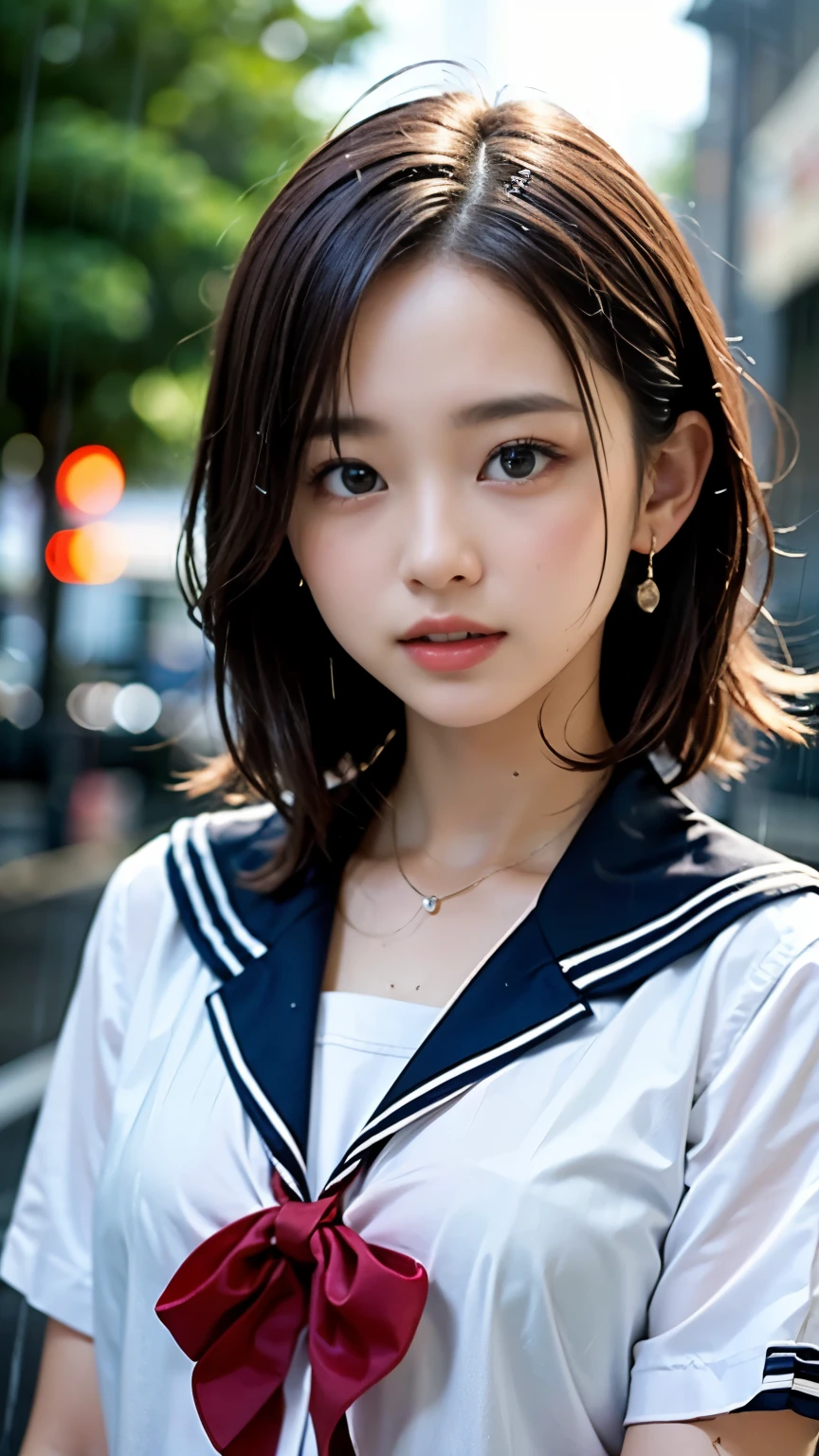 (masterpiece, highest quality:1.2), 8K, official art, RAW photo, incredibly absurd, (Upper body, sailor suit, serafuku:1.4), beautiful girl, cute face, arch back, navy pleated skirt, close, Soaked school uniform, short sleeve, gardenia, violaces, Ten generations, street, looking at the viewer, film grain, chromatic aberration, sharp focus, face light, dynamic lighting, cinematic lighting, detailed eyes and face, background bokeh, (1 dark red bow tie:1.2)、(heavy rain:1.5)、one girl、blush、look at the viewer、big and full breasts、valley、wet face,wet skin、wet body、wet costume、wet hair、flower、hairpin、necklace、earrings、Getting wet and leaning forward、Depth of bounds written、尖ったred mouth、short hair wet and shiny,red mouth,clavicle、beautiful fingers、Loosen your tie、cute wet face