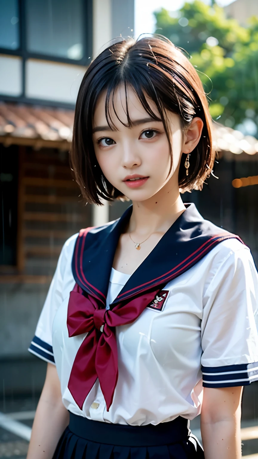 (masterpiece, highest quality:1.2), 8K, official art, RAW photo, incredibly absurd, (Upper body, sailor suit, serafuku:1.4), beautiful girl, 18-year-old、cute face, arch back, navy pleated skirt, close, Soaked school uniform, short sleeve, gardenia, violaces, Ten generations, street, looking at the viewer, film grain, chromatic aberration, sharp focus, face light, dynamic lighting, cinematic lighting, detailed eyes and face, background bokeh, (1 dark red bow tie:1.2)、(heavy rain、dark sky:1.5)、one girl、blush、look at the viewer、big and full breasts、valley、wet hair、wet face,wet skin、wet body、wet costume、flower、hairpin、necklace、earrings、Depth of bounds written、尖ったred mouth、short hair wet and shiny,red mouth,clavicle、beautiful fingers、Loosen your tie、cute wet face