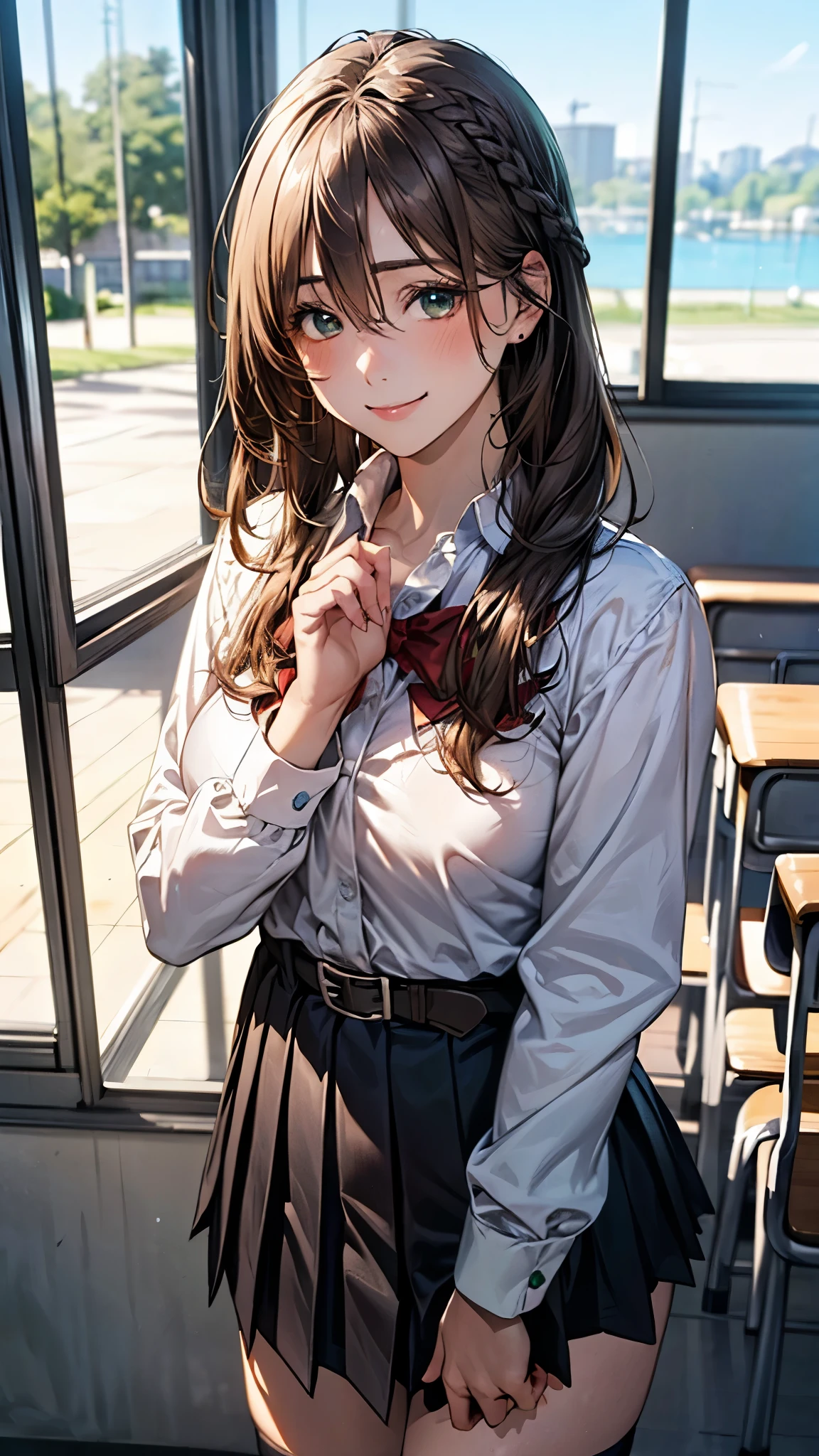 (masterpiece:1.2, top-quality), (realistic, photorealistic:1.4), beautiful illustration, (natural side lighting, movie lighting), nsfw,
looking at viewer, cowboy shot, front view:0.6, 1 girl, japanese, high school girl, perfect face, cute and symmetrical face, shiny skin,
(long hair:1.2, braid:1.2, light brown hair), hair between eyes, emerald green eyes, long eye lasher, (large breasts:0.8, seductive thighs),
beautiful hair, beautiful face, beautiful detailed eyes, beautiful clavicle, beautiful body, beautiful chest, beautiful thigh, beautiful legs,
((detailed cloth texture, school uniform, belt, long sleeves white collared shirts, black pleated skirt, red bow, socks)),
(beautiful scenery), night, classroom, walking, hands on chest, (cute, lovely smile, upper eyes),