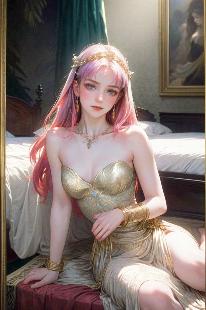 a 18yo english woman, a bacchante, photorealistic, cinematic, dramatic, perfect face, well formed facial features, calm peaceful happy expression, sexy, sensual, glowing pale white skin, long loose flowing fair hair, hair ornament, small breasts, perfectly formed breasts, beautiful iridescent patterned dark pink grecian style dress, arm band, bracelet, necklace, jewels, interior bedroom, sargent, jw waterhouse, super detail, highres, (Super high saturation, bright and vivid colors), (best quality, masterpiece, Representative work, official art, Professional, 8k)