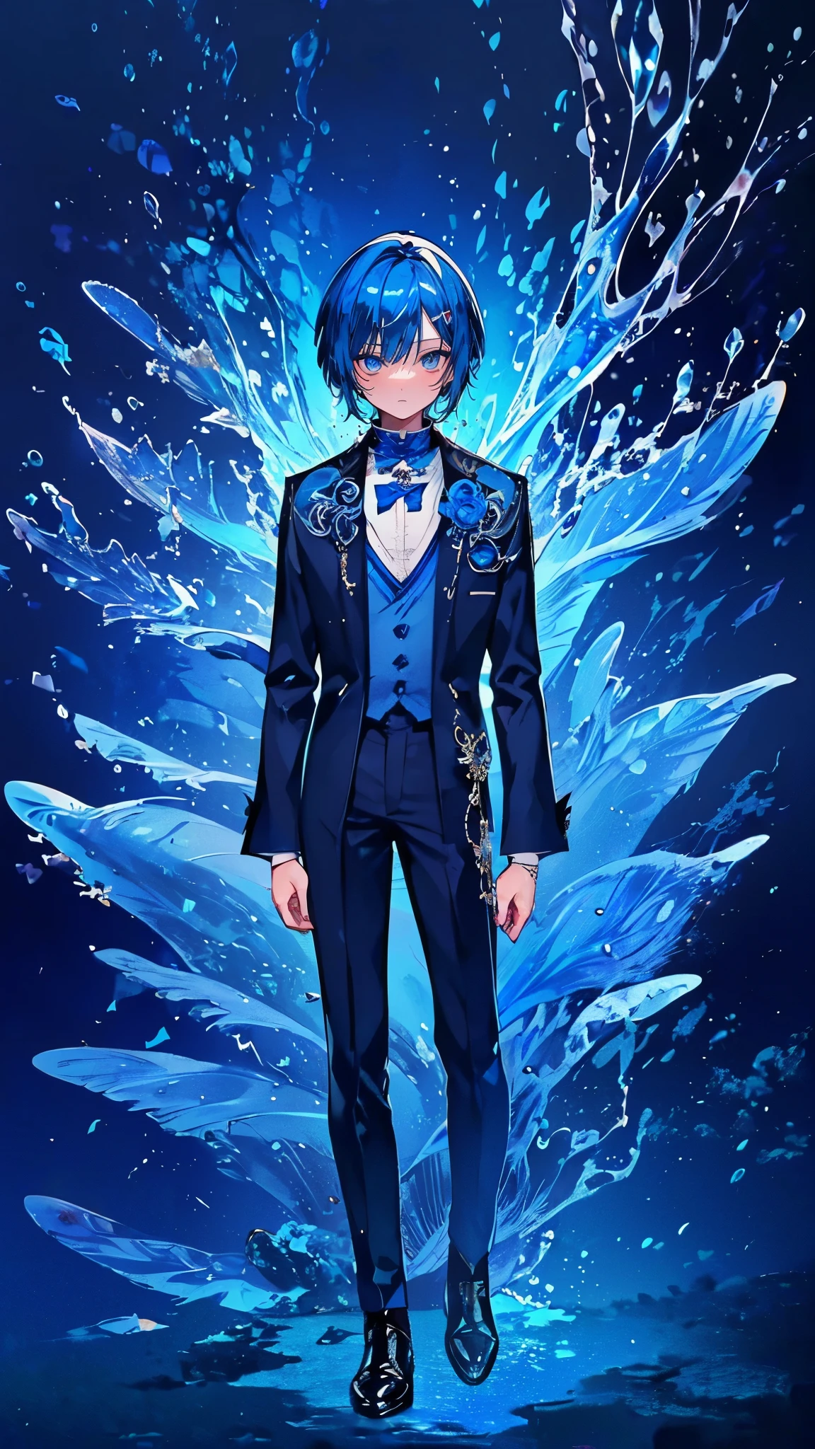 (muste piece), (best quality), very detailed, 1 boy, Solo Full Body Shot, perfect face, (beautiful young man:1.4), very detailedな顔,(Blue-haired shorthair:1.5),(blue eyes:1.4),(in water:1.4),Ocean,School of small fish,Light,jellyfish,Ocean藻,Red fish,Yellow fish,深Ocean,fantasy