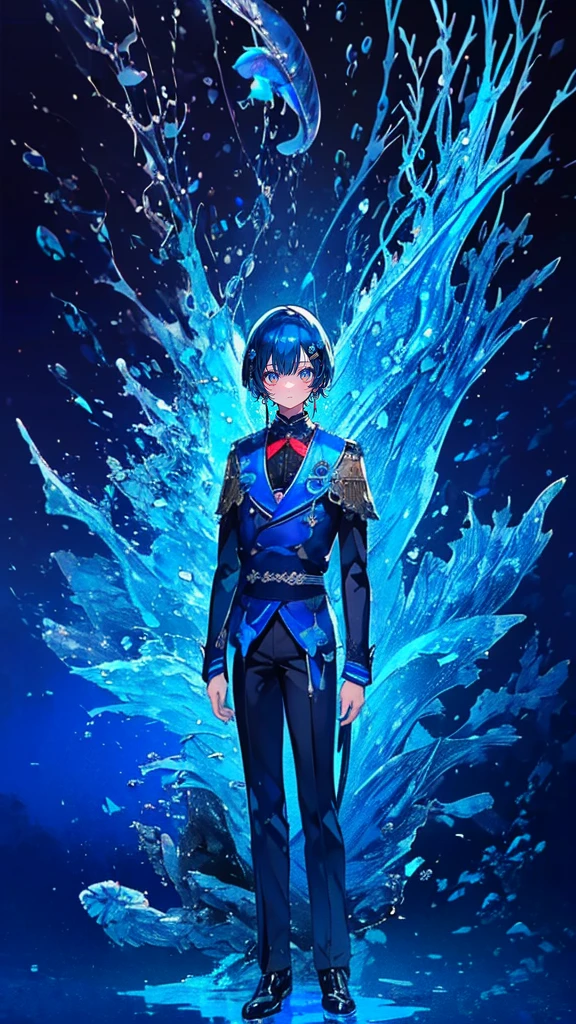 (muste piece), (best quality), very detailed, 1 boy, Solo Full Body Shot, perfect face, (beautiful young man:1.4), very detailedな顔，(Blue-haired shorthair:1.5)，(blue eyes:1.4)，(in water:1.4)，Ocean，School of small fish，Light，jellyfish，Ocean藻，Red fish，Yellow fish，深Ocean，fantasy