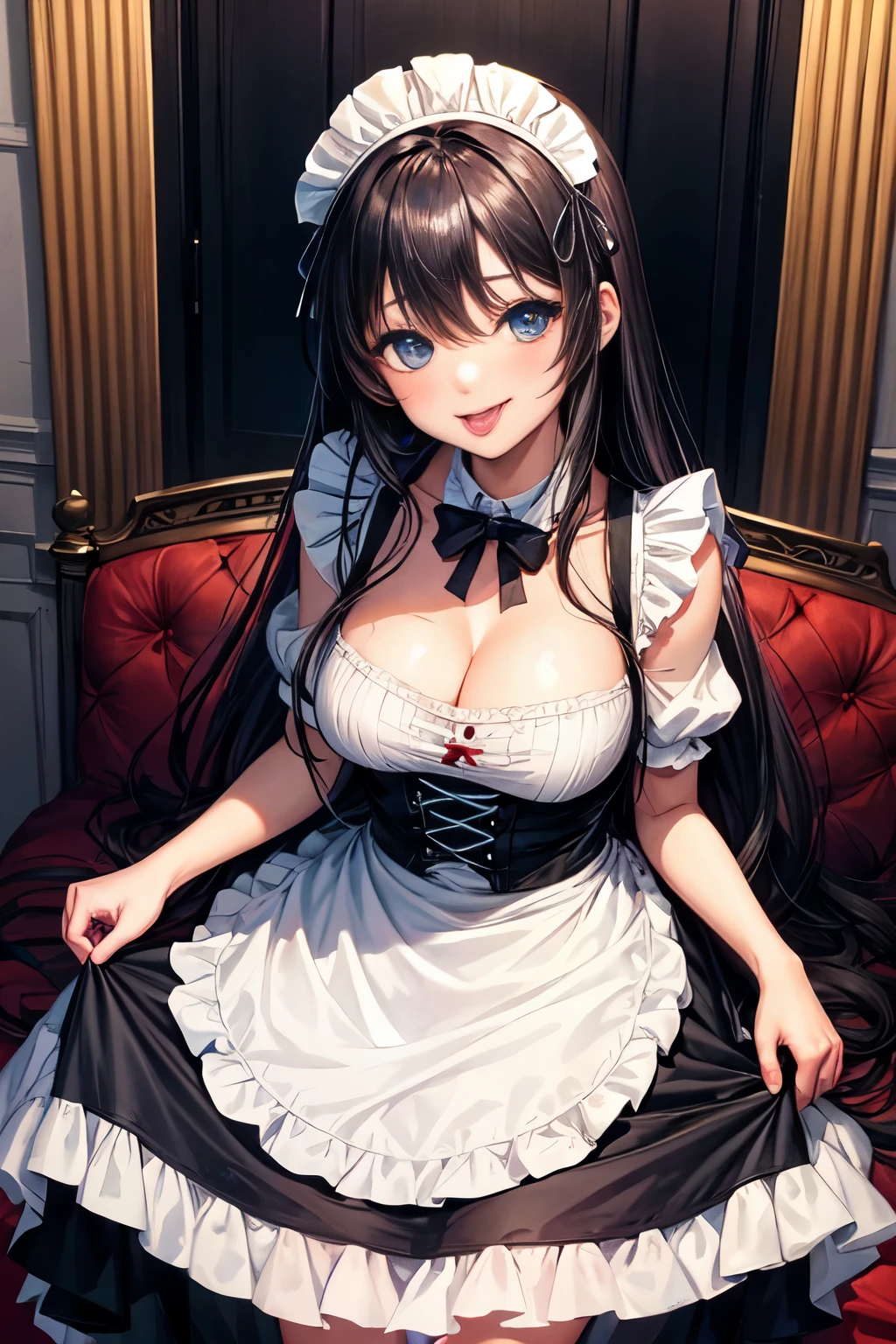 an anime image of beautiful woman dressed in gothic fashion, with very large eyes, 1girl, breasts, solo, cleavage, blue eyes, maid headdress, black hair, large breasts, looking at viewer, long hair, maid, dress, smile, tongue, black dress, bangs, frills, tongue out, blush, apron, short sleeves
((die, JC,litl,kodomo))