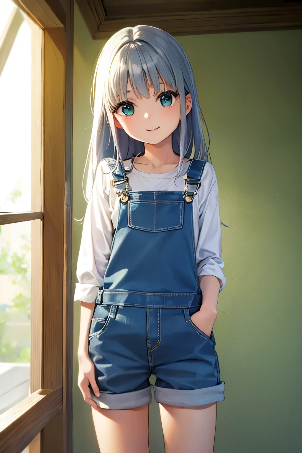 Cabello largo plateado, ojos verdes, petite, sonrisa, happy, blue overalls, muslos hermosos, sentada, inside house