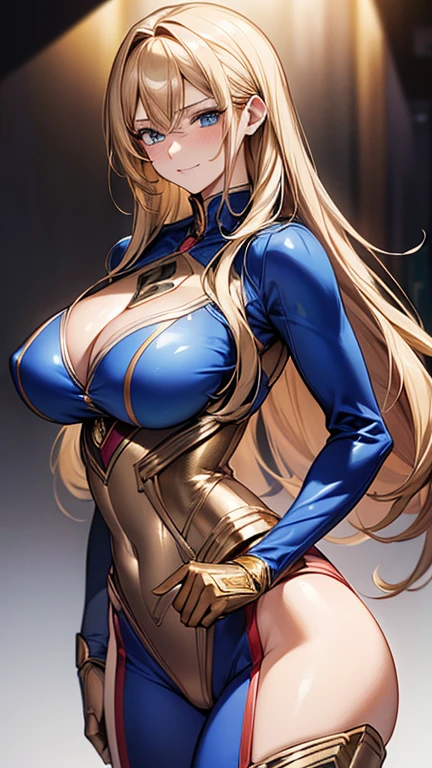 ((masterpiece)), ((high quality)), ((Super detailed)), ((High resolution)) , ((8K)),beautiful woman, ((She is one of Japan's most famous actresses.)), unparalleled beauty, ((big breasts:1.4)), ((big ass)), ((deep cleavage)), slim waist, Proudly, super detailed face, perfect skin, (((Waist-length hair, ((long and straight golden hair)), crossed bangs))), blue eyes, fine eyes, full body image, sexy, an inviting smile, sensual, (((anime))), ((glamorous)), 性的charm ,23 years old, ((incredibly beautiful woman)), ((H cup bust)), ((((sexy pose)))), ((Neat.)) , (((Power Ranger))), heroine, (((High Leg Riotard Power Suit, A blue power suit with a white line:1.4, Reinforced powered suit))), ((beautiful breasts)), beautiful feet, 8 life size, anime:1.4, Wet, The most beautiful、strongest, ((charm)),((British Beauty)),