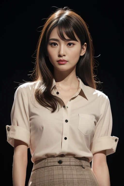 ultra high resolution, masterpiece, rough skin, very detailed, Photoreal, professional lighting, written boundary depth, sharp,
gray background, (japanese mature, 6 ), women sexy, detailed face, beautiful eyes, bangs, well-shaped small breasts, light brown long straight hair, faint lips, ((stand in front、look at the audience, serious face eyes.)), buttoned shirt, skirt, full body photo, cowboy shot