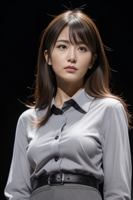 ultra high resolution, masterpiece, rough skin, very detailed, Photoreal, professional lighting, written boundary depth, sharp,
gray background, (japanese mature, 6 years old), women sexy, detailed face, beautiful eyes, bangs, well-shaped small breasts, light brown long straight hair, faint lips, ((stand in front、look at the audience, serious face eyes.)), buttoned shirt, skirt, full body photo, cowboy shot