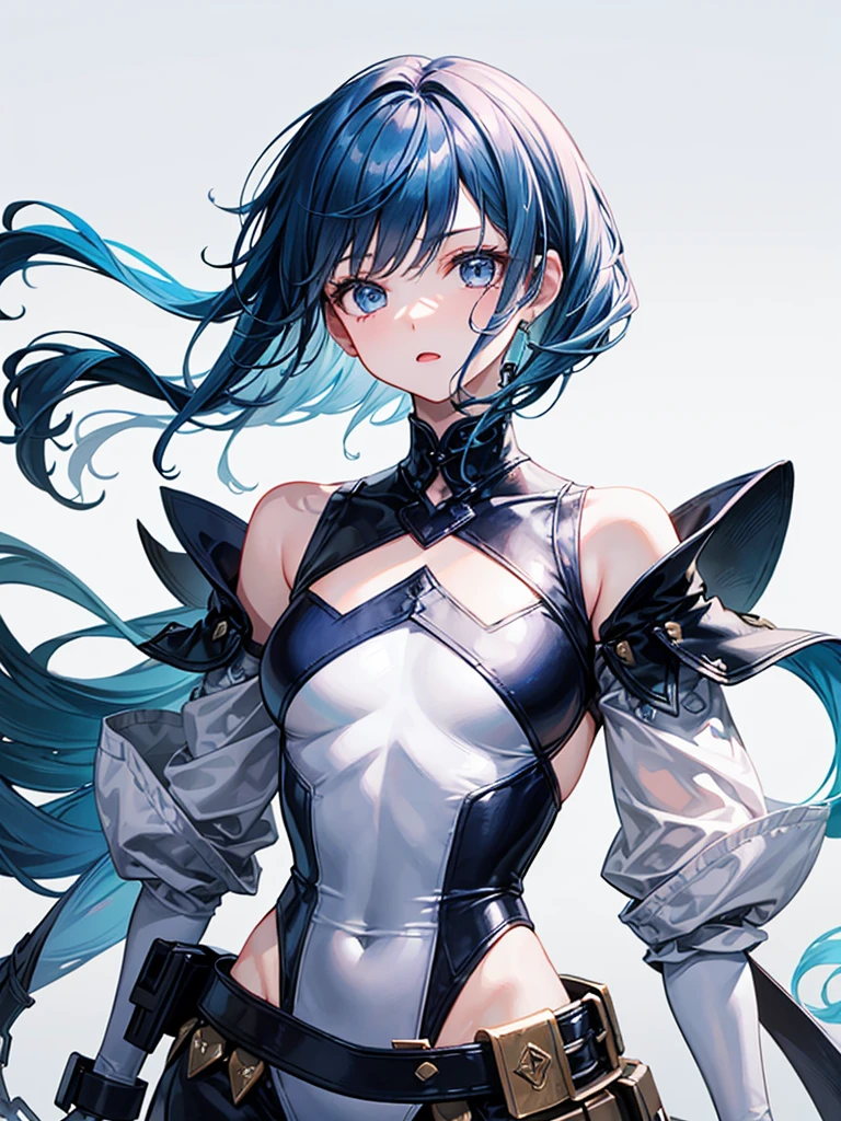 （（（masterpiece、Highest image quality、highest quality、highly detailed unity 8ｋwallpaper）））、（（Illustration of one girl、upper body））、（（（beautiful girl）））、blue hair、stocky build, thickset physique：1.3, broad shoulders, solid chest、（（（flat chest）））、white clothes