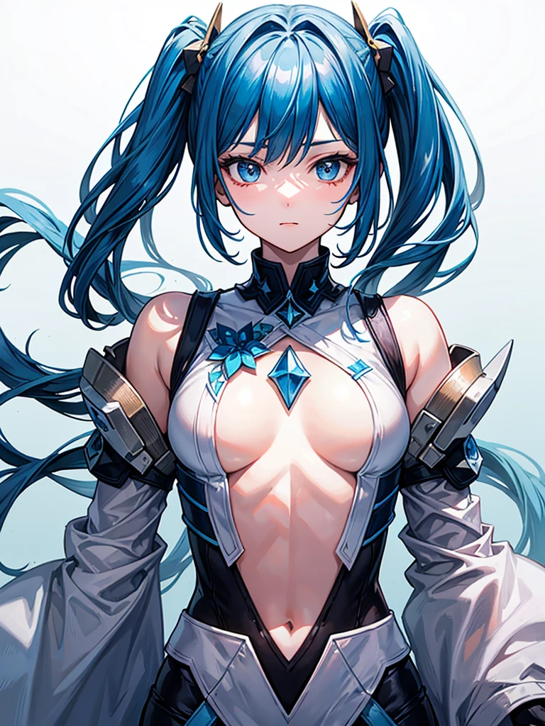 (((masterpiece、Highest image quality、highest quality、highly detailed unity 8kwallpaper)))、((Illustration of one girl、upper body))、(((beautiful girl)))、blue hair、stocky build, thickset physique:1.3, broad shoulders, solid chest、(((flat chest)))、white clothes