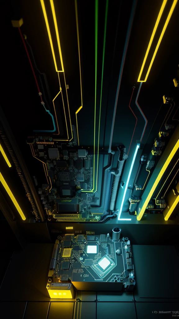 ((technologic circuit board)), (symetric composition), ((filling picture)), (lots of computer components), RAW, Lightpainting, Ray Tracing Ambient Occlusion, SSAO, Post Processing, yellow main color, black second color, small lightblue lights, sharp edge, 8k resolution, ultra high details, 3/4 camera position, upper spot lighting