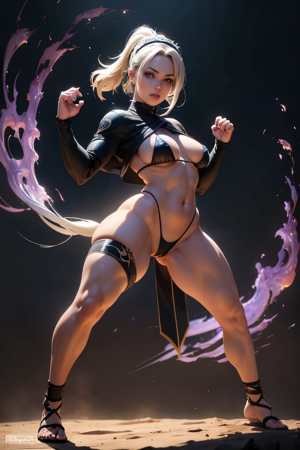 Sexy full-body Tsunade standing without panties with her hands lowered legs away from the front(melhor qualidade,4k,8k,alto,master piece:1.2), ultra-detalhado, realistic:1.37, Micro Rope Transparent Bikini White Portrait, HDR,Sexy full-body Tsunade standing without panties with her hands down, perna, mais vista frontal UHD, studio lighting, extreme detail description, profissional, vivid colors, Bokeh, paints in oil, tsunade corpo inteiro usando micro string bikini white micro transparente com rosto detalhado e corpo detalhado,seios grandes, sem calcinha Cabelo Dourado , olhos azuis marcantes, determined expression, headband with Konoha village symbol, intrincado traje ninja preto,Sexy full-body Tsunade standing without panties with her hands lowered legs away from the front,Facas Kunai, Hand seals, Chakra girando em torno dele, dynamic fighting pose, fundo vibrante com flores de cerejeira, luz s  olar brilhante, dynamic lighting.corpo inteiro,full-body front view standing without panties