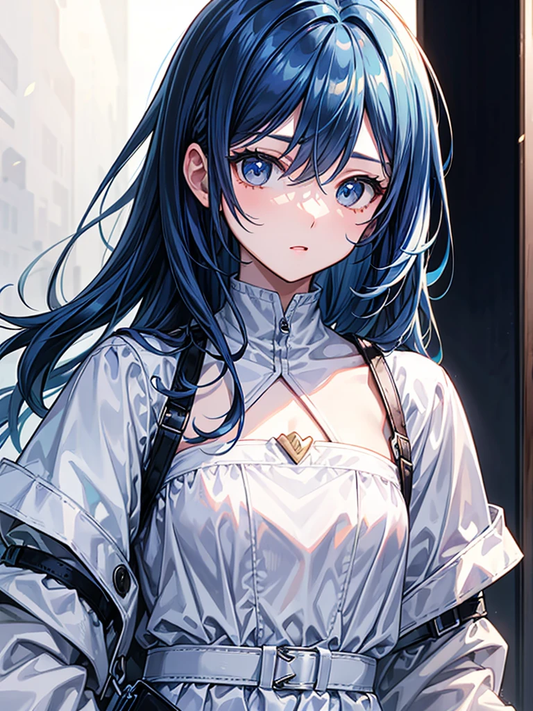 (((masterpiece、Highest image quality、highest quality、highly detailed unity 8kwallpaper)))、((Illustration of one girl、upper body))、(((beautiful girl)))、blue hair、stocky build, thickset physique:1.3, broad shoulders, solid chest、(((flat chest)))、white clothes