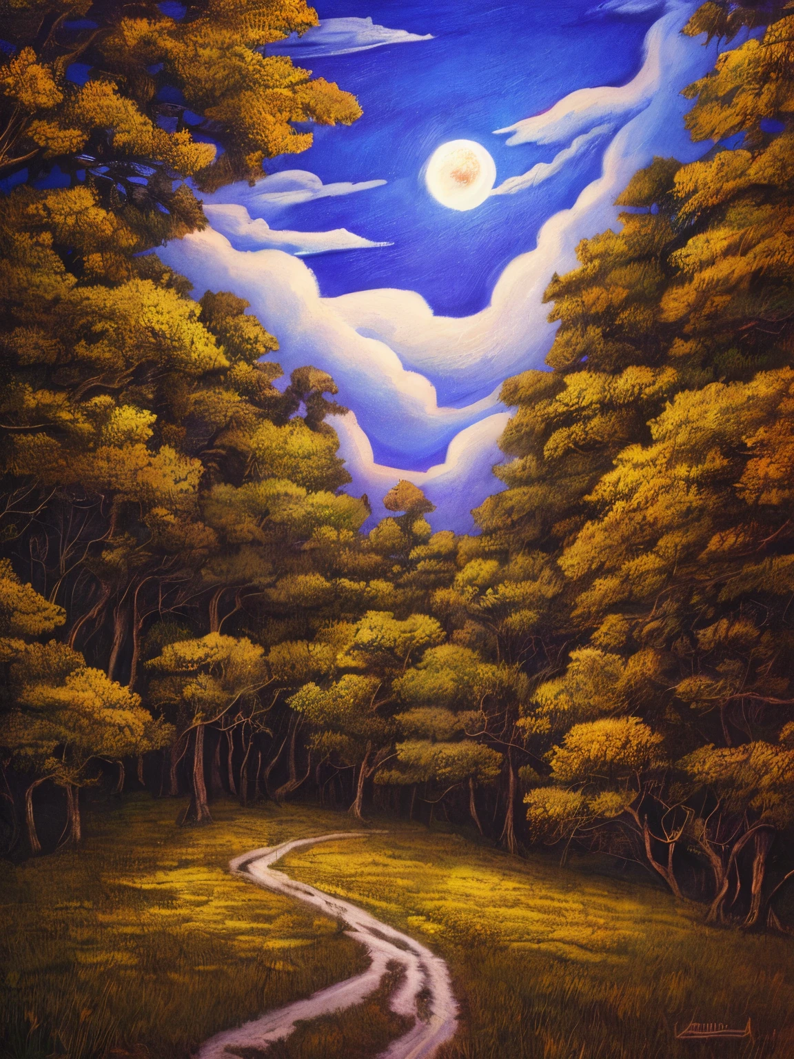 (masterpiece:1.2, best quality), (ultra-detailed), (illustration), (ultra highres), (delicate illustration), (hyper-detailed), (super detail:1.3), professional lighting, cinematic lighting, (nostalgia and peacefulness:1.3), professional (landscape painting) of natures, moon lighting, moon light on trees leaves, (dark cloud, dark night, full moon, dark lighting)