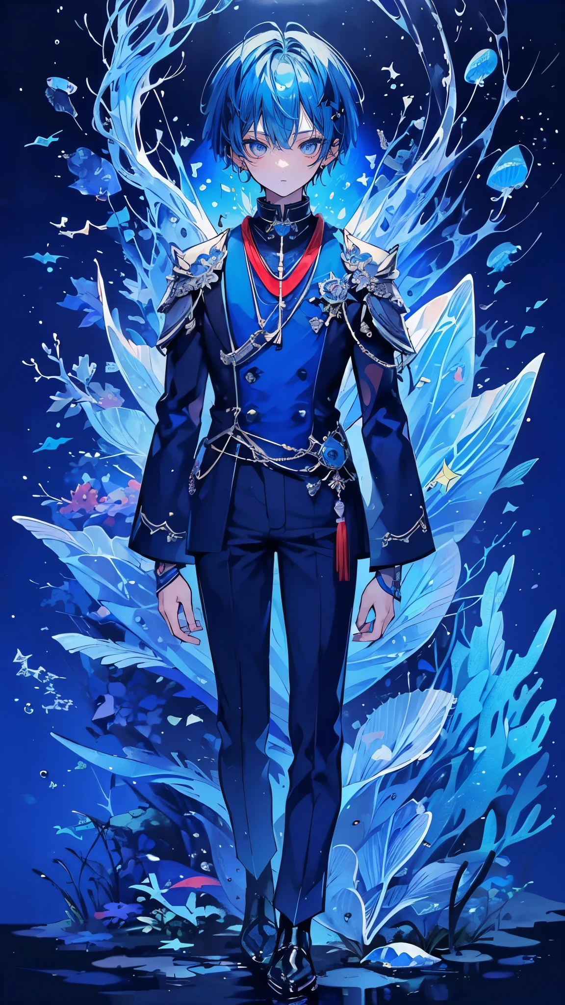 (muste piece), (best quality), very detailed, 1 boy, Solo Full Body Shot, perfect face, (beautiful young man:1.4), very detailedな顔,(Blue-haired shorthair:1.5),(blue eyes:1.4),(in water:1.4),Ocean,School of small fish,Light,jellyfish,Ocean藻,Red fish,Yellow fish,深Ocean,fantasy