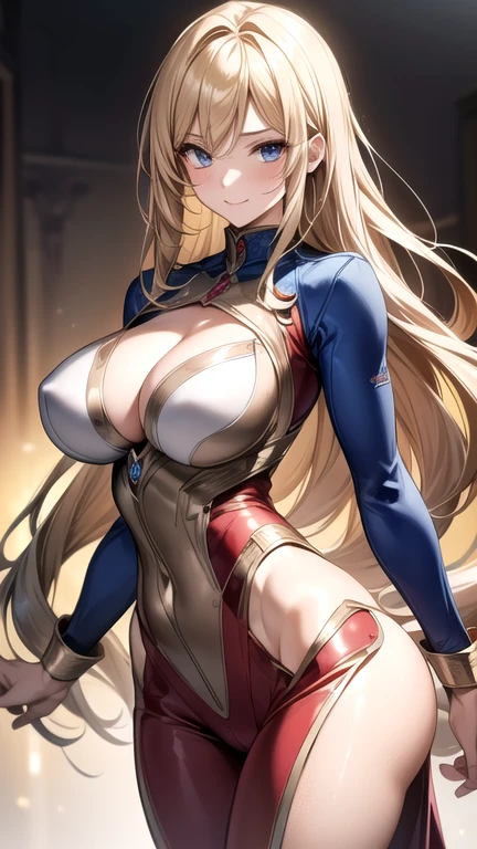 ((masterpiece)), ((high quality)), ((Super detailed)), ((High resolution)) , ((8K)),beautiful woman, ((She is one of Japan's most famous actresses.)), unparalleled beauty, ((big breasts:1.4)), ((big ass)), ((deep cleavage)), slim waist, Proudly, super detailed face, perfect skin, (((Waist-length hair, ((long and straight golden hair)), crossed bangs))), blue eyes, fine eyes, full body image, sexy, an inviting smile, sensual, (((anime))), ((glamorous)), 性的charm ,23 years old, ((incredibly beautiful woman)), ((H cup bust)), ((((sexy pose)))), ((Neat.)) , (((Power Ranger))), heroine, (((High Leg Riotard Power Suit, A blue power suit with a white line:1.4, Reinforced powered suit))), ((beautiful breasts)), beautiful feet, 8 life size, anime:1.4, Wet, The most beautiful、strongest, ((charm)),((British Beauty)),