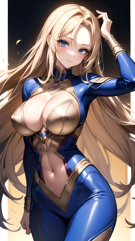 ((masterpiece)), ((high quality)), ((Super detailed)), ((High resolution)) , ((8K)),beautiful woman, ((She is one of Japan&#39;s most famous actresses.)), unparalleled beauty, ((big breasts:1.4)), ((big ass)), ((deep cleavage)), slim waist, Proudly, super detailed face, perfect skin, (((Waist-length hair, ((long and straight golden hair)), crossed bangs))), blue eyes,  fine eyes, full body image, sexy, an inviting smile, sensual, (((anime))), ((glamorous)), 性的charm ,23 years old, ((incredibly beautiful woman)), ((H cup bust)), ((((sexy pose)))), ((Neat.)) , (((Power Ranger))), heroine,  (((High Leg Riotard Power Suit, A blue power suit with a white line:1.4, Reinforced powered suit))),  ((beautiful breasts)), beautiful feet, 8 life size, anime:1.4, Wet, The most beautiful、strongest, ((charm)),((British Beauty)),