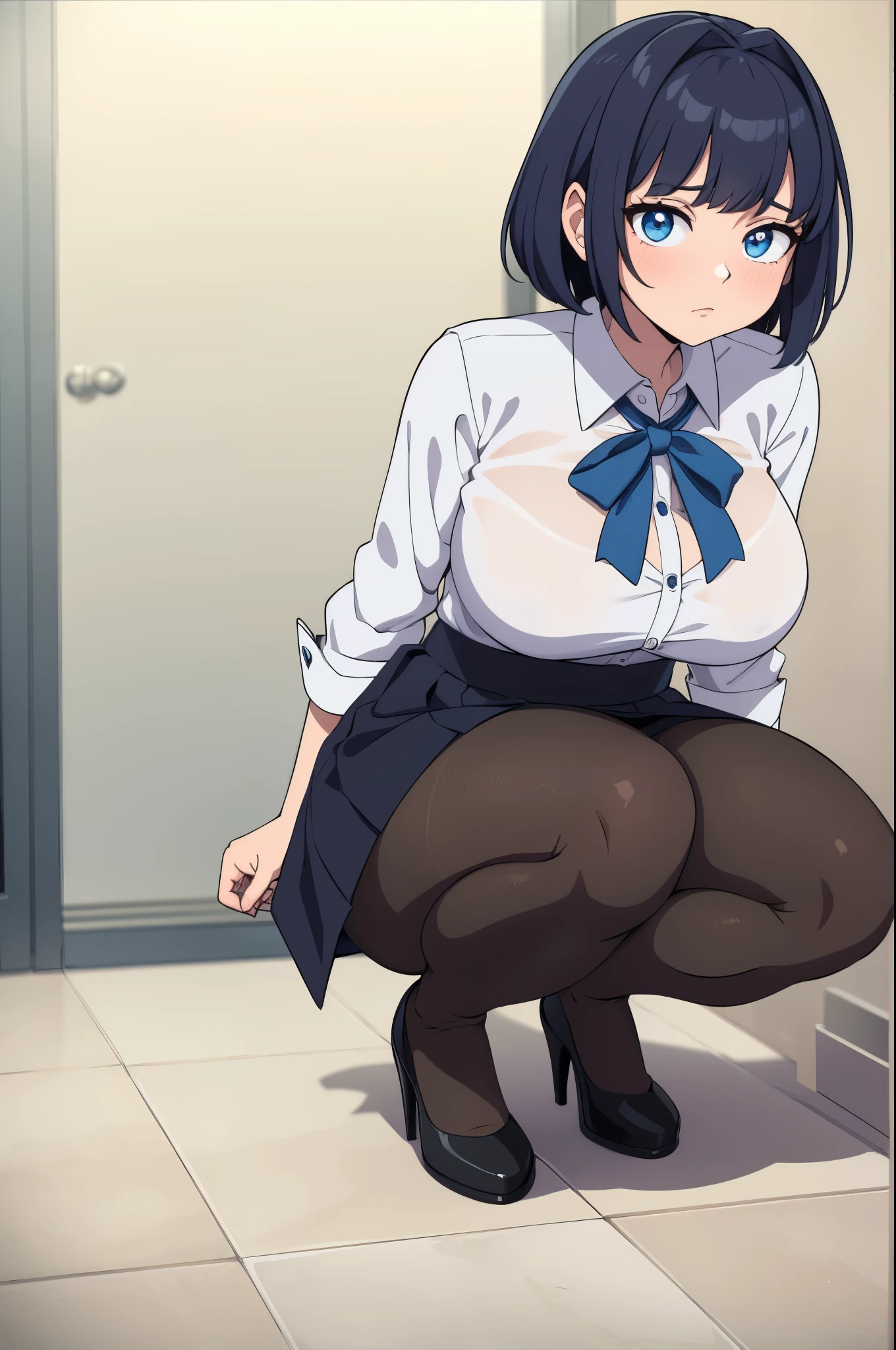 masterpiece, best quality, ultra-detailed, illustration, colorful, flat color, depth of field, 1girl, noel shirogane, anime, staying on her knees on the floor, dark blue hair, short hair, blue eyes, looking at viewer, at restroom, white shirt, black tie, black skirt, pantyhose, black pantyhose, detailed skin texture, detailed cloth texture, beautiful detailed face, blush, shy, huge breasts, view from front, high heels