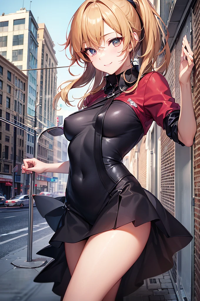 (highly saturated、colorful illustration:1.2)、(ponytail hair、golden hair、bright skin:1.2)、(long beautiful legs:1.2)、from below、1 girl, game CG, Girl in schoolgirl uniform, black skirt、white panties、put your hands on your hips、In front of school during the day、street tree々、smile、huge breasts, black eye, dynamic, outside、1 beautiful woman，Are standing、hair shines，rational movement，（（8K，masterpiece，realistic），（hyper detail，ultra clear，nature，Vibrant cleavage all over the body，Light chest，slender beautiful legs，stretch the meat，small breasts