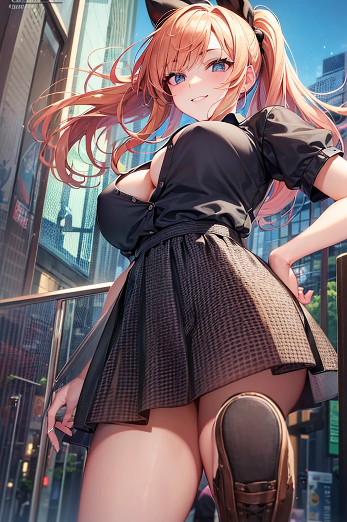 (highly saturated、colorful illustration:1.2)、(ponytail hair、golden hair、bright skin:1.2)、(long beautiful legs:1.2)、from below、1 girl, game CG, Girl in schoolgirl uniform, black skirt、white panties、put your hands on your hips、In front of school during the day、street tree々、smile、huge breasts, black eye, dynamic, outside、1 beautiful woman，Are standing、hair shines，rational movement，（（8K，masterpiece，realistic），（hyper detail，ultra clear，nature，Vibrant cleavage all over the body，Light chest，slender beautiful legs，stretch the meat，small breasts