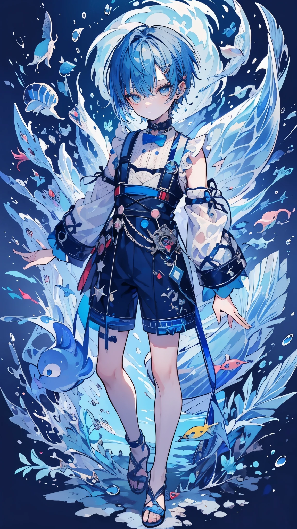 (muste piece), (best quality), very detailed, 1 boy, Solo Full Body Shot, perfect face, beautiful young man, very detailedな顔,(Blue-haired shorthair:1.5),(blue eyes:1.4),(in water:1.4),Ocean,School of small fish,Light,jellyfish,Ocean藻,Red fish,Yellow fish,深Ocean,fantasy