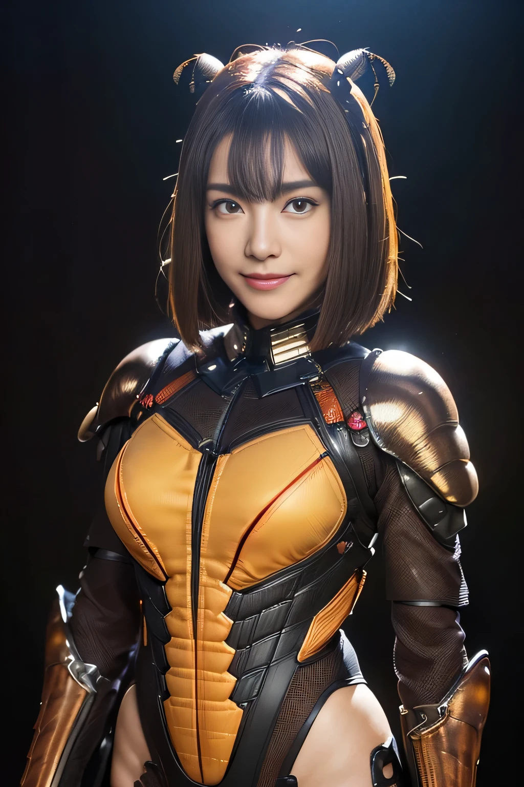 (High resolution,masterpiece,highest quality,Very detailed CG, anime, official art:1.4), realistic, photograph, amazing detail, all complicated, luster and luster,great many layers, 8k wallpaper, 3D, sketch, cute, figure,( alone:1.4), perfect female proportions,villain's daughter, (Fusion of dark brown cockroach and lady:1.4), (brown cockroach form lady:1.2), (brown cockroach woman:1.2), (Fusion:1.2), (alone:1.4), (evil smile:1.2), muscular, abs, (Cockroach brown exoskeleton bio insect suit:1.4), (Cockroach brown exoskeleton bio insect armor:1.2), (brown transparent cockroach feathers:1.4), (brown cockroach antenna:1.3),