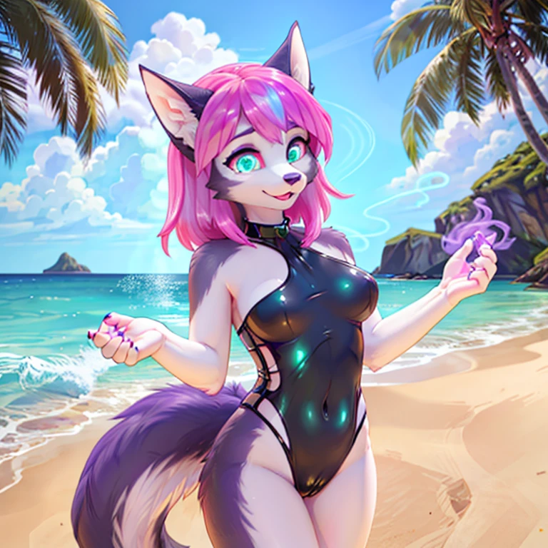 Hellhound with purple fur with long Pink hairs with Blue Highlights and glowing Green eyes wearing Black swimsuit looking at her hand while other hand  on her breast there are some traces of magic floating around her she is in a beach