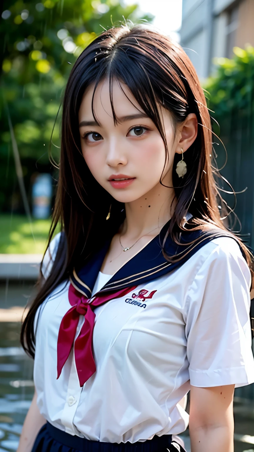 (masterpiece, highest quality:1.2), 8K, official art, RAW photo, incredibly absurd, (Upper body, sailor suit, serafuku:1.4), beautiful girl, 18-year-old、cute face, arch back, navy pleated skirt, close, Soaked school uniform, short sleeve, gardenia, violaces, Ten generations, street, looking at the viewer, film grain, chromatic aberration, sharp focus, face light, dynamic lighting, cinematic lighting, detailed eyes and face, background bokeh, (1 dark red bow tie:1.2)、(heavy rain、dark sky:1.5)、one girl、blush、look at the viewer、big and full breasts、valley、Drenched hair、wet face,wet skin、wet body、wet costume、flower、hairpin、necklace、earrings、Depth of bounds written、尖ったred mouth、red mouth,clavicle、beautiful fingers、Loosen your tie、cute wet face、Wet clothes are see-through、full body shot