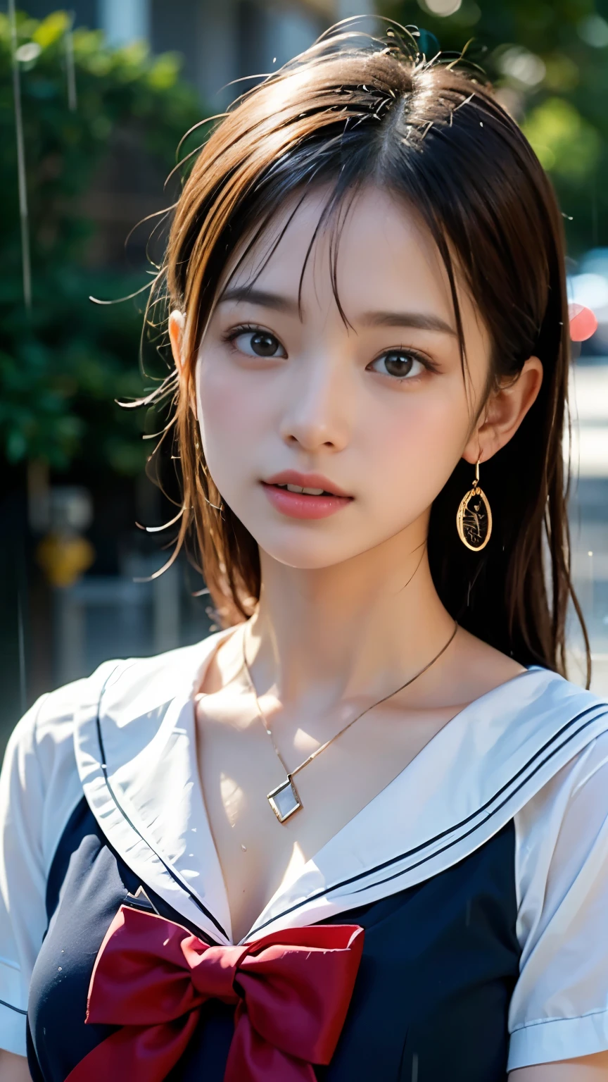 (masterpiece, highest quality:1.2), 8K, official art, RAW photo, incredibly absurd, (Upper body, sailor suit, serafuku:1.4), beautiful girl, 18-year-old、cute face, arch back, navy pleated skirt, close, Soaked school uniform, short sleeve, gardenia, violaces, Ten generations, street, looking at the viewer, film grain, chromatic aberration, sharp focus, face light, dynamic lighting, cinematic lighting, detailed eyes and face, background bokeh, (1 dark red bow tie:1.2)、(heavy rain、dark sky:1.5)、one girl、blush、look at the viewer、big and full breasts、valley、Drenched hair、wet face,wet skin、wet body、wet costume、flower、hairpin、necklace、earrings、Depth of bounds written、尖ったred mouth、red mouth,clavicle、beautiful fingers、Loosen your tie、cute wet face、Wet clothes are see-through、full body shot