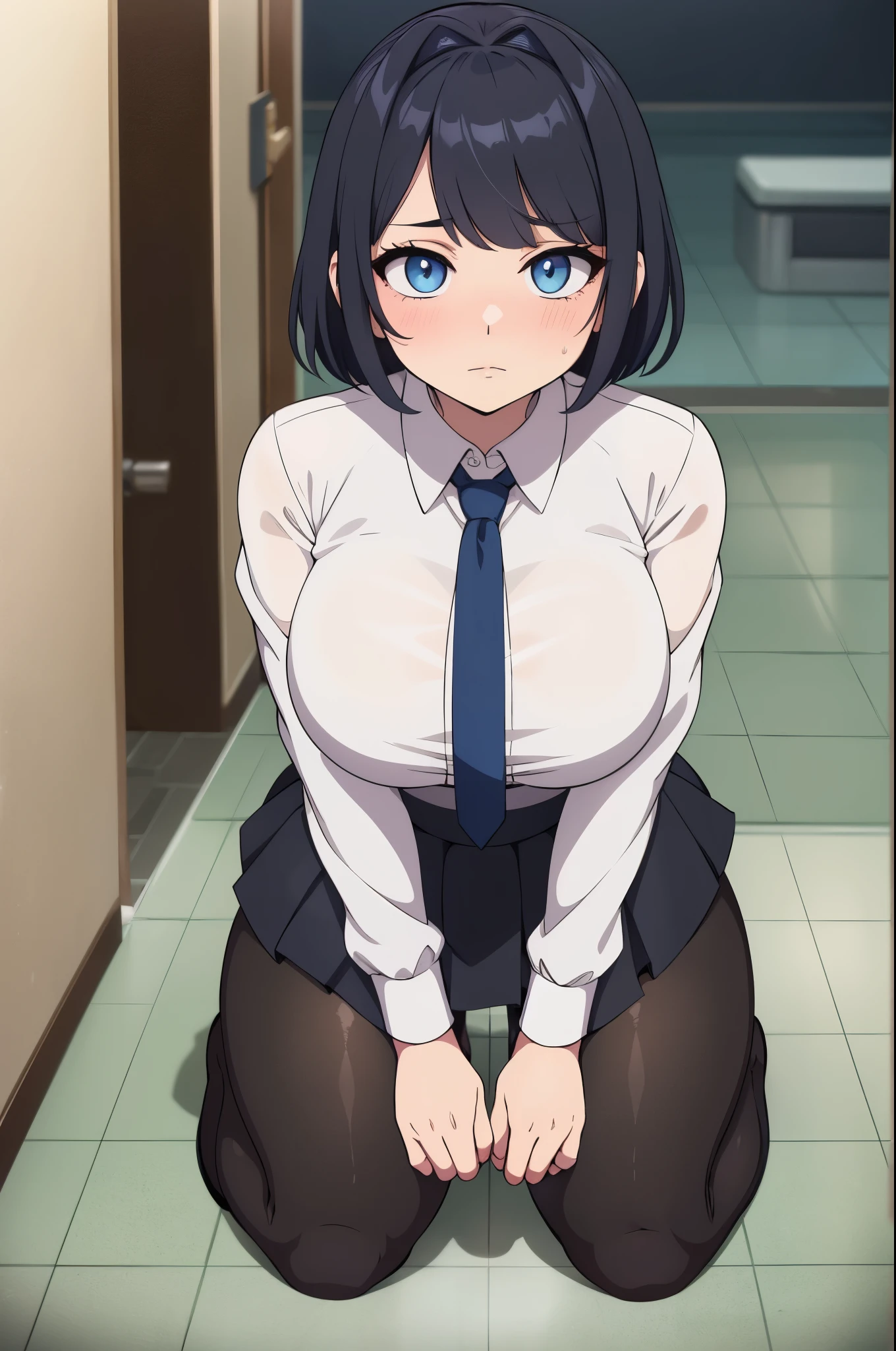 masterpiece, best quality, ultra-detailed, illustration, colorful, flat color, depth of field, 1girl, noel shirogane, anime, staying on her knees on the floor, dark blue hair, short hair, blue eyes, looking at viewer, at restroom, white shirt, black tie, black skirt, pantyhose, black pantyhose, detailed skin texture, detailed cloth texture, beautiful detailed face, blush, shy, huge breasts, view from front