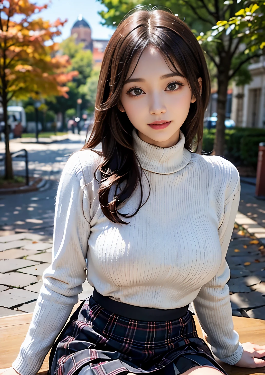 (8Khigh resolution), (highest quality), (RAW image quality),(table top:1.2), (realistic), (realistic:1.37), goose egg face,White-eye,long eyelashes,double eyelid,（Live-action realistic style）,ultimate face,realistic light and shadow,clear facial features,milky white skin,Fair skin, high detail skin,realistic skin details,visible pores,（Super detailed）,Hair length is random, （flowing hair）,Take the best portraits,,Super detailedな, 1-Girl, cute,beautiful and fine eyes, beautifully detailed nose, highly detailed skin,whole body ,(eye contact),(big breasts、rich breasts)、(double eyelidの美しい顔),((whole body画像)), (realism: 1.4),high resolution, excellent details, ultra high resolution, (Show your best smile to the audience),,delicate and beautiful face,,20-year-old,(beautiful face 1.4),Slender, (Long Hand Knit Sweater with Turtleneck:1.2)、(plaid pleated skirt:1.2),((Do not slip the hem of the sweater inside the skirt、long sleeve:1.2)),((Scenery with an autumn atmosphere)),Filmed in the city,(whole bodyショットです.),The color of the sweater is random,The color of the skirt is random