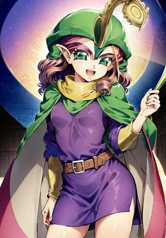 Maribel(dq7),((dragon quest vii)),1girl,curly hair,dress,green eyes,head scarf,hood,long hair,red hair,