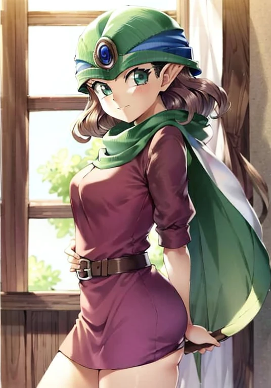 Maribel(dq7),((dragon quest vii)),1girl,curly hair,dress,green eyes,head scarf,hood,long hair,red hair,