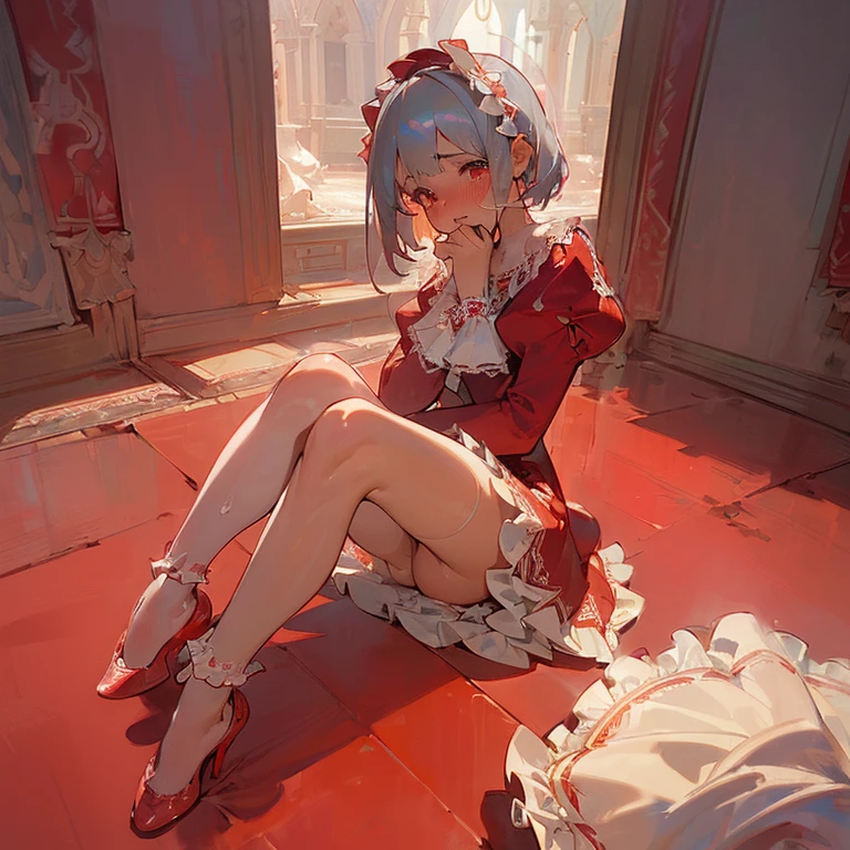 Ultra high precision、high resolution、(Naked girl sitting with her legs thrown out on the floor, looking at the floor:1.4)、Pretty face、silver hair、pubic hair is growing、 ((While crying))、smaller breasts、empty eyes　((white mucus dripping from genitals))..、In the ruins、(Burgundy long-sleeved dress with ruffles and lace decoration:1.4)、(red flat pumps:1.3)、