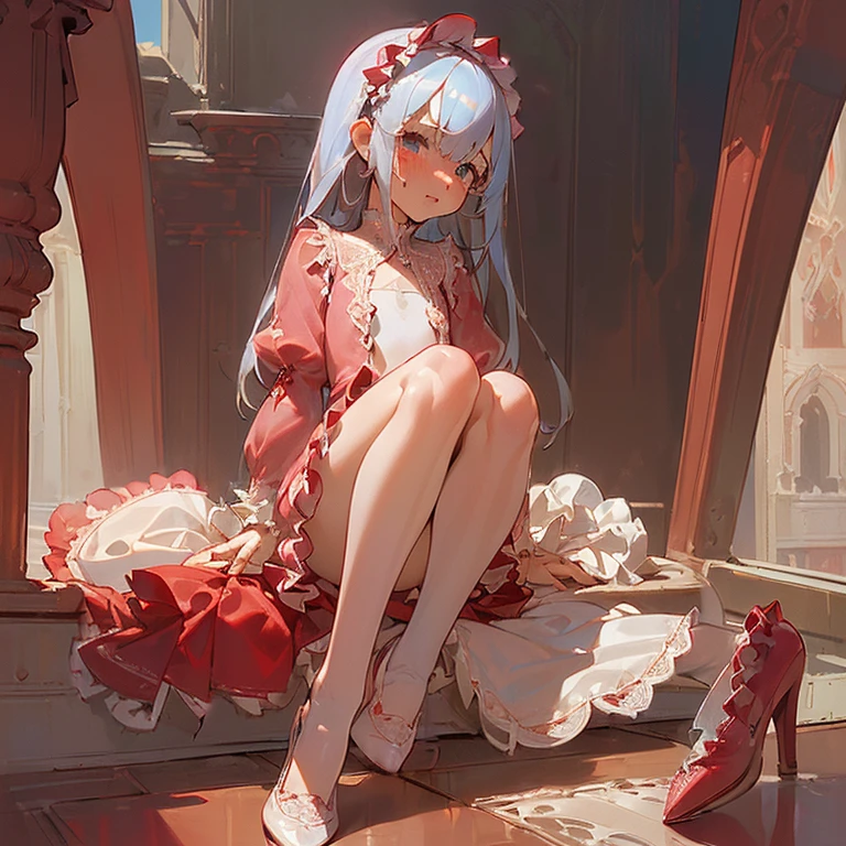 Ultra high precision、high resolution、(Naked girl sitting with her legs thrown out on the floor, looking at the floor:1.4)、Pretty face、silver hair、pubic hair is growing、 ((While crying))、smaller breasts、empty eyes ((white mucus dripping from genitals))..、In the ruins、(Burgundy long-sleeved dress with ruffles and lace decoration:1.4)、(red flat pumps:1.3)、