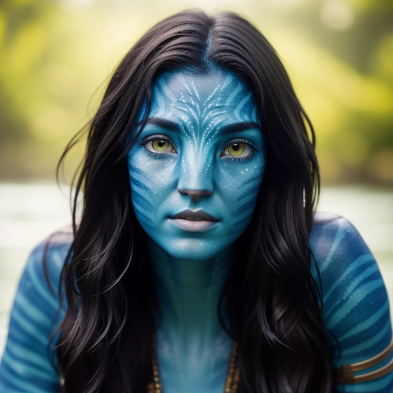 avtr:1.1, avatar style, portrait:1.6, 1girl, female, (blue skin tone:1.0), (long hair:1.0), one pair of pointy ears:1.7, dark brown hair color, 18 years old:1, face wrinkles, wearing tribal clothing, wearing a top, sitting in the river water:1, wet hair:1.7, wet body:1.7, drenched in water, river, detailed eyes, toned body, muscled body, glowing, ethereal atmosphere, dreamy lighting, textured skin, otherworldly beauty, mesmerizing photography, (best quality, highres), vivid colors, ultrarealistic, skin details, striped skin, sfw, ultradetailed body, dark lighting, foggy, night time:1