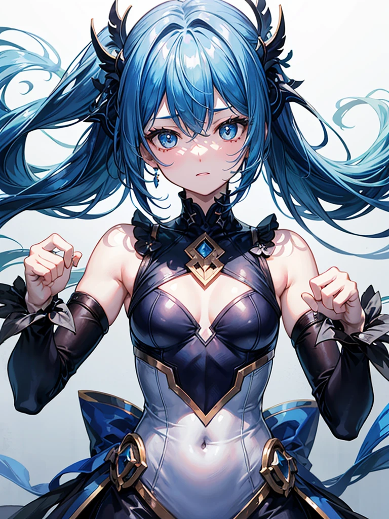 (((masterpiece、Highest image quality、highest quality、highly detailed unity 8kwallpaper)))、((Illustration of one girl、upper body))、(((beautiful girl)))、blue hair、stocky build, thickset physique:1.3, broad shoulders, solid chest、(((flat chest)))、white clothes