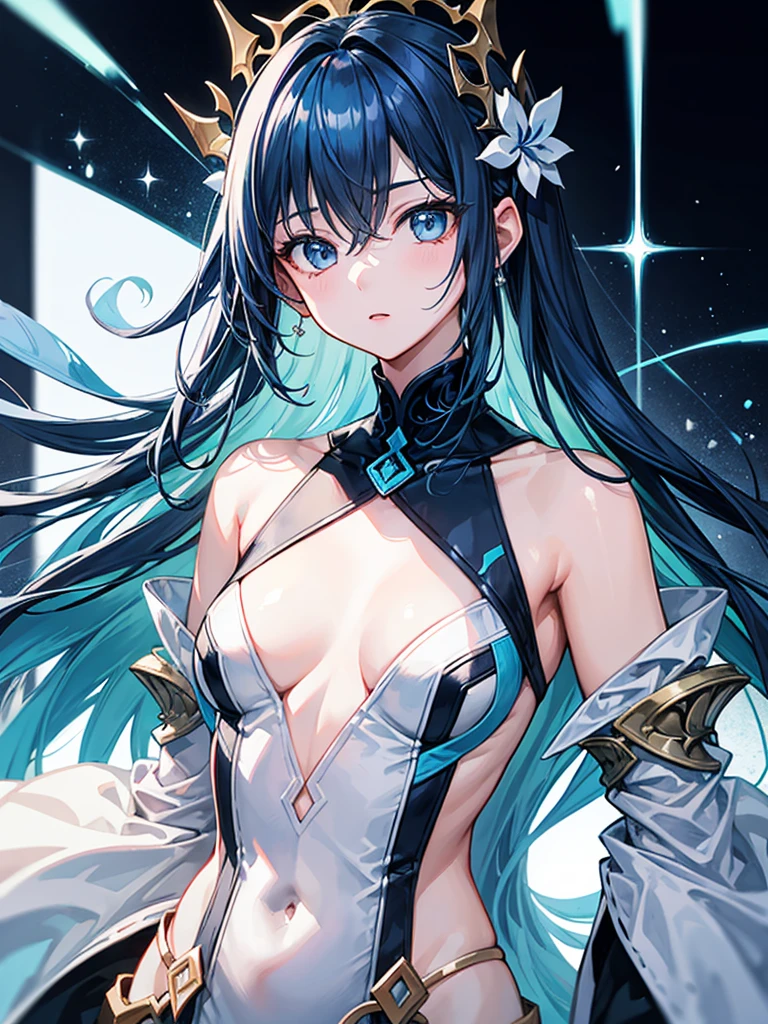 (((masterpiece、Highest image quality、highest quality、highly detailed unity 8kwallpaper)))、((Illustration of one girl、upper body))、(((beautiful girl)))、blue hair、stocky build, thickset physique:1.3, broad shoulders, solid chest、(((flat chest)))、white clothes