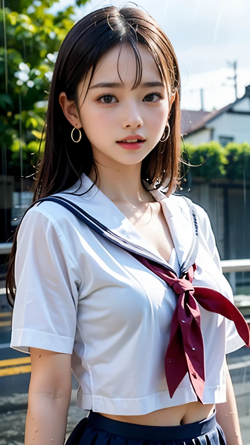 (masterpiece, highest quality:1.2), 8K, official art, RAW photo, incredibly absurd, (Upper body, sailor suit, serafuku:1.4), beautiful girl, 18-year-old、cute face, arch back, navy pleated skirt, close, Soaked school uniform, short sleeve, gardenia, violaces, Ten generations, street, looking at the viewer, film grain, chromatic aberration, sharp focus, face light, dynamic lighting, cinematic lighting, detailed eyes and face, background bokeh, (1 dark red bow tie:1.2)、(heavy rain、dark sky:1.5)、one girl、blush、look at the viewer、big and full breasts、valley、Drenched hair、wet face,wet skin、wet body、wet costume、flower、hairpin、necklace、earrings、Depth of bounds written、尖ったred mouth、red mouth,clavicle、beautiful fingers、Loosen your tie、cute wet face、Wet clothes are see-through