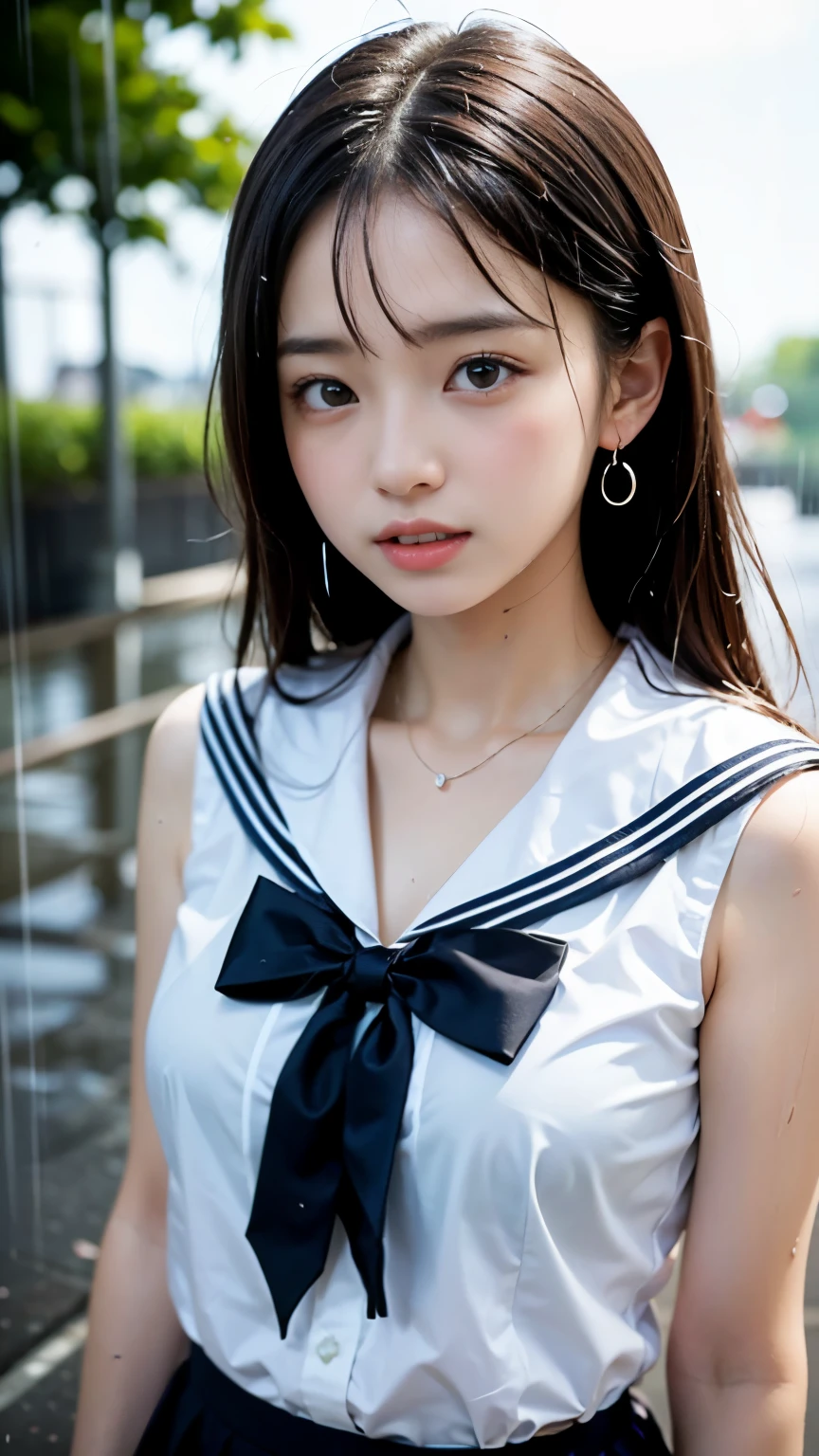 (masterpiece, highest quality:1.2), 8K, official art, RAW photo, incredibly absurd, (Upper body, sailor suit, serafuku:1.4), beautiful girl, 18-year-old、cute face, arch back, navy pleated skirt, close, Soaked school uniform, short sleeve, gardenia, violaces, Ten generations, street, looking at the viewer, film grain, chromatic aberration, sharp focus, face light, dynamic lighting, cinematic lighting, detailed eyes and face, background bokeh, (1 dark red bow tie:1.2)、(heavy rain、dark sky:1.5)、one girl、blush、look at the viewer、big and full breasts、valley、Drenched hair、wet face,wet skin、wet body、wet costume、flower、hairpin、necklace、earrings、Depth of bounds written、尖ったred mouth、red mouth,clavicle、beautiful fingers、Loosen your tie、cute wet face、Wet clothes are see-through