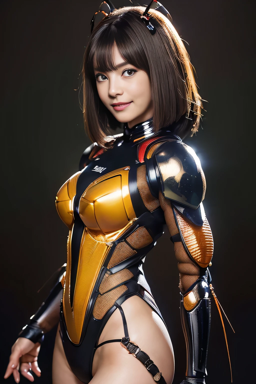 (High resolution,masterpiece,highest quality,Very detailed CG, anime, official art:1.4), realistic, photograph, amazing detail, all complicated, luster and luster,great many layers, 8k wallpaper, 3D, sketch, cute, figure,( alone:1.4), perfect female proportions,villain's daughter, (Fusion of dark brown cockroach and lady:1.4), (brown cockroach form lady:1.2), (brown cockroach woman:1.2), (Fusion:1.2), (alone:1.4), (evil smile:1.2), muscular, abs, (Cockroach brown exoskeleton bio insect suit:1.4), (Cockroach brown exoskeleton bio insect armor:1.2), (brown transparent cockroach feathers:1.4), (brown cockroach antenna:1.3),