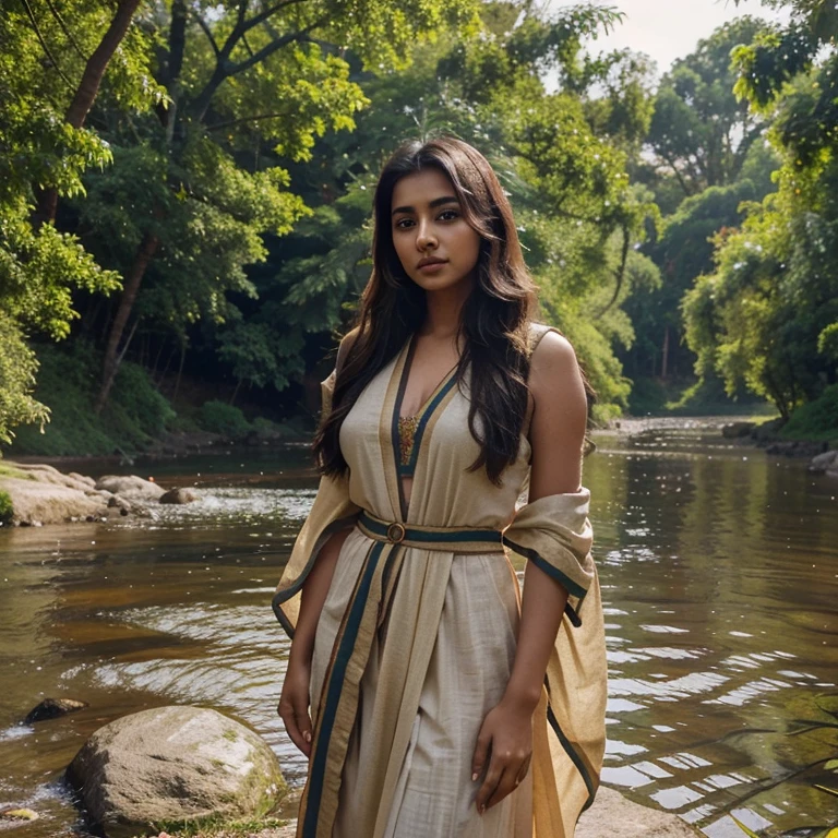 lovely cute young attractive indian girl, brown eyes, gorgeous actress, 23 years old, cute, an Instagram model, Indian, wearing A traditional dress inspired by nature, with flowing fabrics and earthy tones, set against a serene and tranquil landscape, with a peaceful river winding through the scene and birds chirping in the background.