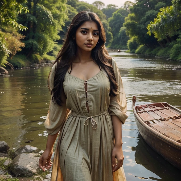 lovely cute young attractive indian girl, brown eyes, gorgeous actress, 23 years old, cute, an Instagram model, Indian, wearing A traditional dress inspired by nature, with flowing fabrics and earthy tones, set against a serene and tranquil landscape, with a peaceful river winding through the scene and birds chirping in the background.