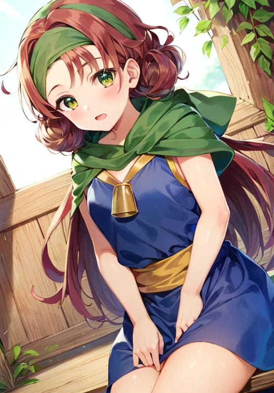 ((Maribel)),Maribel in ''dq7'',((dragon quest vii)),1girl,curly hair,dress,green eyes,head scarf,hood,long hair,red hair,